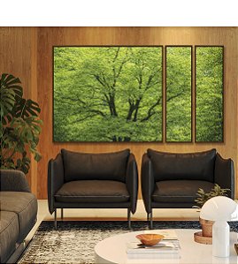 Trio de Quadros Estilizados Árvores Folhagem Verde Vibrante Natureza Canvas Moldura