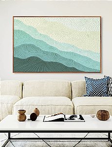 Quadro Horizontal Abstrato Degradê Textura Marfim Turquesa Canvas Moldura