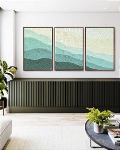 Trio de Quadros Abstrato Degradê Textura Marfim Turquesa Canvas Moldura