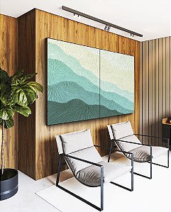 Duo de Quadros Abstrato Degradê Textura Marfim Turquesa Canvas Moldura