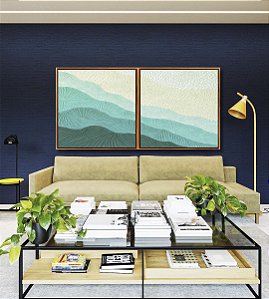 Duo de Quadros Quadrados Abstrato Degradê Textura Marfim Turquesa Canvas Moldura