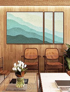 Trio de Quadros Estilizados Abstrato Degradê Textura Marfim Turquesa Canvas Moldura