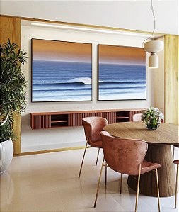 Duo de Quadros Quadrados Mar Ondulado Azul Pôr do Sol Laranja Canvas Moldura