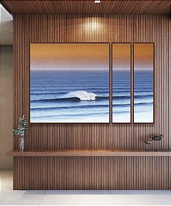 Trio de Quadros Estilizados Mar Ondulado Azul Pôr do Sol Laranja Canvas Moldura