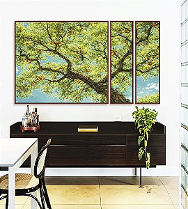 Trio de Quadros Estilizados Árvore Frutífera Céu Azul Turquesa Natureza Canvas Moldura