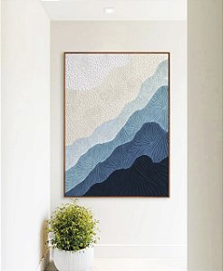 Quadro Vertical Abstrato Degradê Textura Marfim Azul Petróleo Canvas Moldura