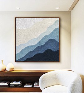 Quadro Quadrado Abstrato Degradê Textura Marfim Azul Petróleo Canvas Moldura