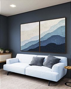 Duo de Quadros Abstrato Degradê Textura Marfim Azul Petróleo Canvas Moldura