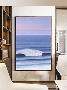 Quadro Vertical Mar Ondulado Azul Céu Lilás Canvas Moldura