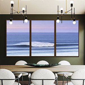 Trio de Quadros Mar Ondulado Azul Céu Lilás Canvas Moldura