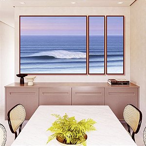 Trio de Quadros Estilizados Mar Ondulado Azul Céu Lilás Canvas Moldura