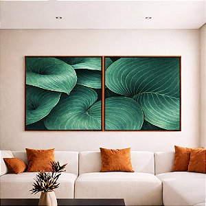 Duo de Quadros Quadrados Planta Hosta Folhagem Verde Natureza Canvas Moldura