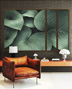 Trio de Quadros Estilizados Planta Hosta Folhagem Verde Natureza Canvas Moldura