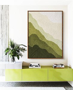 Quadro Vertical Abstrato Degradê Textura Marfim Verde Canvas Moldura