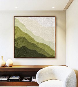 Quadro Quadrado Abstrato Degradê Textura Marfim Verde Canvas Moldura