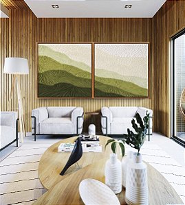 Duo de Quadros Quadrados Abstrato Degradê Textura Marfim Verde Canvas Moldura