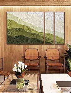 Trio de Quadros Estilizados Abstrato Degradê Textura Marfim Verde Canvas Moldura