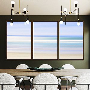 Trio de Quadros Praia Movimento Mar Turquesa Céu Lilás Canvas Moldura