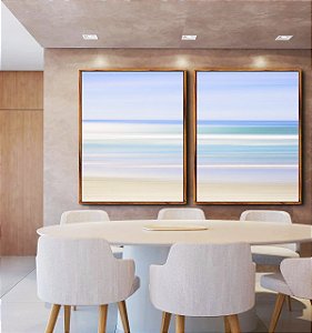 Duo de Quadros Praia Movimento Mar Turquesa Céu Lilás Canvas Moldura