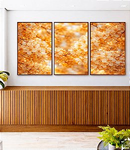 Trio de Quadros Cerejeira em Flor Tons Dourados Natureza Canvas Moldura