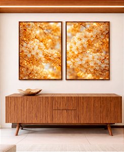 Duo de Quadros Cerejeira em Flor Tons Dourados Natureza Canvas Moldura