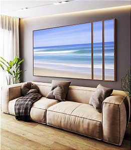 Trio de Quadros Estilizados Mar Azul Céu Claro Movimento Natureza Canvas Moldura