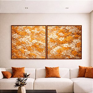 Duo de Quadros Quadrados Árvore Tons de Dourado Cerejeira em Flor Canvas Moldura