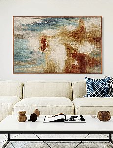 Quadro Horizontal Abstrato Azul Cobre Marfim Textura Canvas Moldura