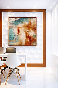 Quadro Quadrado Abstrato Azul Cobre Marfim Textura Canvas Moldura