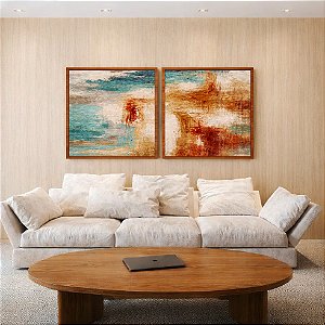 Duo de Quadros Quadrados Abstrato Azul Cobre Marfim Textura Canvas Moldura