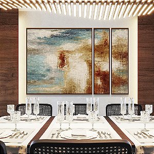 Trio de Quadros Estilizados Abstrato Azul Cobre Marfim Textura Canvas Moldura