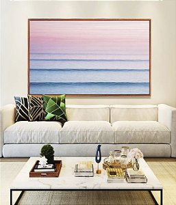 Quadro Horizontal Mar Azul Ondulado Céu Rosa Movimento Canvas Moldura