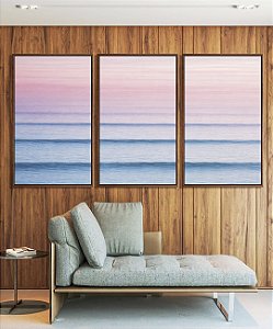 Trio de Quadros Mar Azul Ondulado Céu Rosa Movimento Canvas Moldura