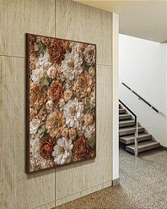 Quadro Vertical Flores Peônias Rosas Dálias Canvas Moldura