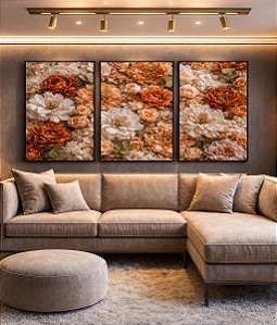 Trio de Quadros Flores Peônias Rosas Dálias Canvas Moldura