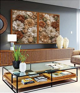 Duo de Quadros Flores Peônias Rosas Dálias Canvas Moldura