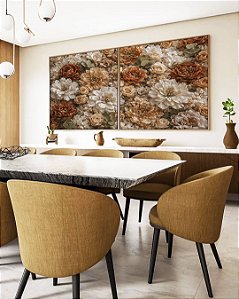 Duo de Quadros Quadrados Flores Peônias Rosas Dálias Canvas Moldura