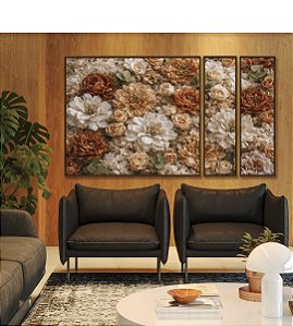 Trio de Quadros Estilizados Flores Peônias Rosas Dálias Canvas Moldura
