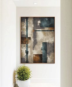 Quadro Vertical Abstrato Azul Bronze Cinza Concreto Canvas Moldura
