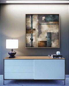 Quadro Quadrado Abstrato Azul Bronze Cinza Concreto Canvas Moldura