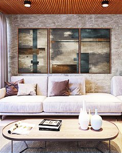 Trio de Quadros Abstrato Azul Bronze Cinza Concreto Canvas Moldura