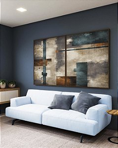 Duo de Quadros Abstrato Azul Bronze Cinza Concreto Canvas Moldura