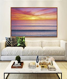 Quadro Horizontal Pôr so Sol Laranja Mar Azul Ondulado Canvas Moldura