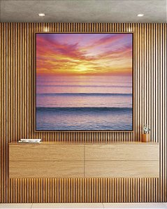 Quadro Quadrado Pôr so Sol Laranja Mar Azul Ondulado Canvas Moldura