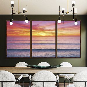 Trio de Quadros Pôr so Sol Laranja Mar Azul Ondulado Canvas Moldura