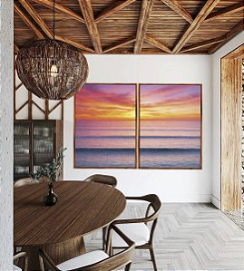 Duo de Quadros Pôr so Sol Laranja Mar Azul Ondulado Canvas Moldura