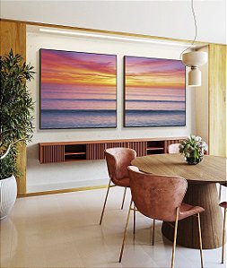Duo de Quadros Quadrados Pôr so Sol Laranja Mar Azul Ondulado Canvas Moldura