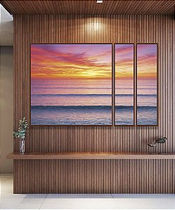 Trio de Quadros Estilizados Pôr so Sol Laranja Mar Azul Ondulado Canvas Moldura