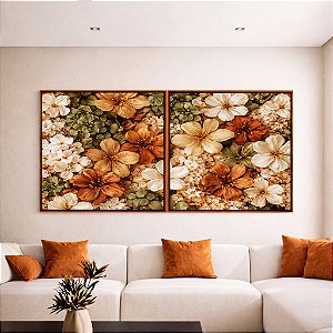 Duo de Quadros Quadrados Flores Silvestres Cores Neutras Canvas Moldura