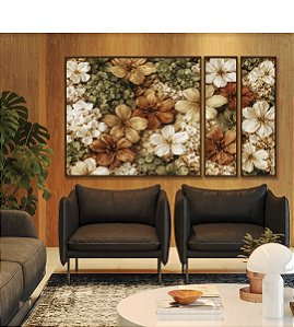 Trio de Quadros Estilizados Flores Silvestres Cores Neutras Canvas Moldura